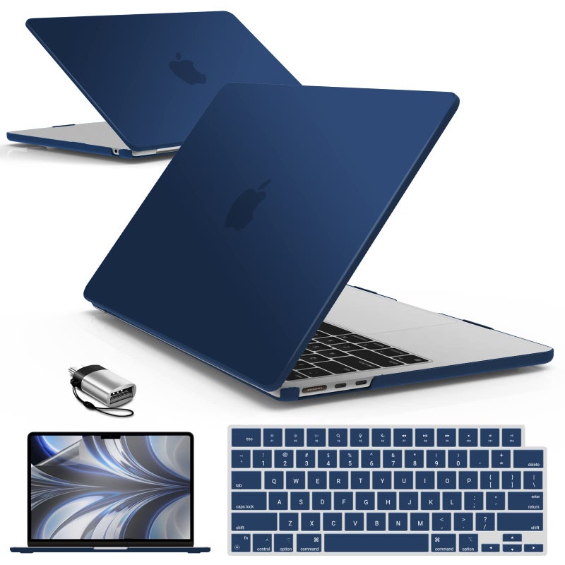 آي بينزر IBenzER متوافق مع 2025 2024 2023 2022 MacBook Air 13 بوصة حافظة M4 A3240 M3 A3113 M2 A2681 حافظة صلبة وغطاء لوحة مفاتيح وشاشة فيلم ونوع C لجهاز Mac Air 13.6 أزرق داكن AT13-KK-NVBL+2TC - Image 1